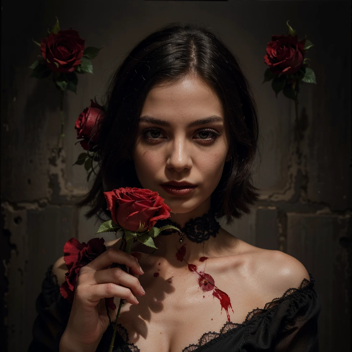 (highres:1.2),oil painting,detailed woman's hand,holding a red rose,centered,fading petals,gothic style,dark and vibrant, blood details, small flickering flame