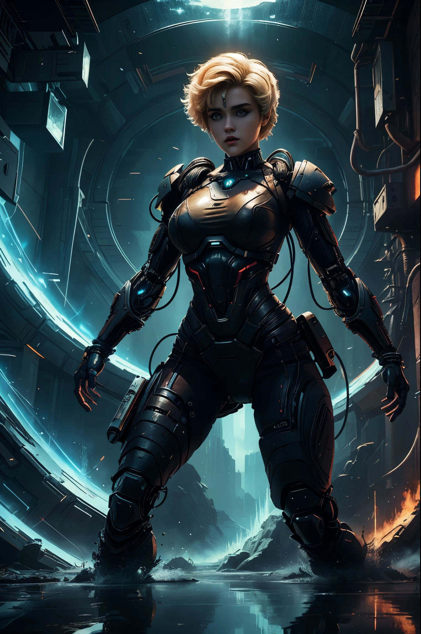Cybernetics, action movie protagonist, Stefania Ferrario as a female warrior, virus, cyberspace, repeating patterns, unreal, sound waves, free melody, digital world, reflection, masterpiece, 32k UHD resolution, high quality, professional photography, depth of filed, sci-fi, cinematic angle, cinematic lights, dynamic warrior pose --ar 3:4 --v 5. 2 