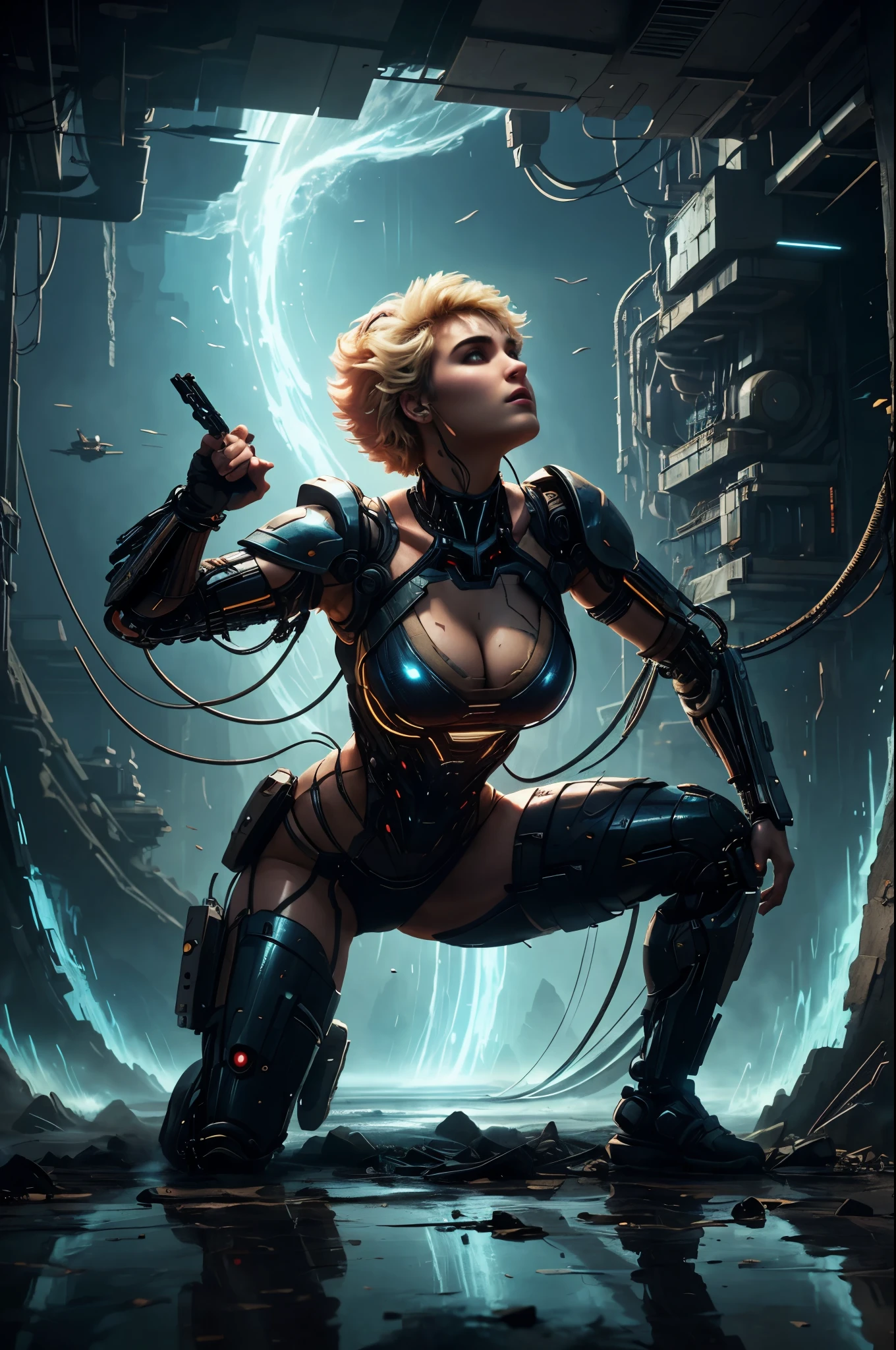 Cybernetics, action movie protagonist, Stefania Ferrario as a female warrior, virus, cyberspace, repeating patterns, unreal, sound waves, free melody, digital world, reflection, masterpiece, 32k UHD resolution, high quality, professional photography, depth of filed, sci-fi, cinematic angle, cinematic lights, dynamic warrior pose --ar 3:4 --v 5. 2 