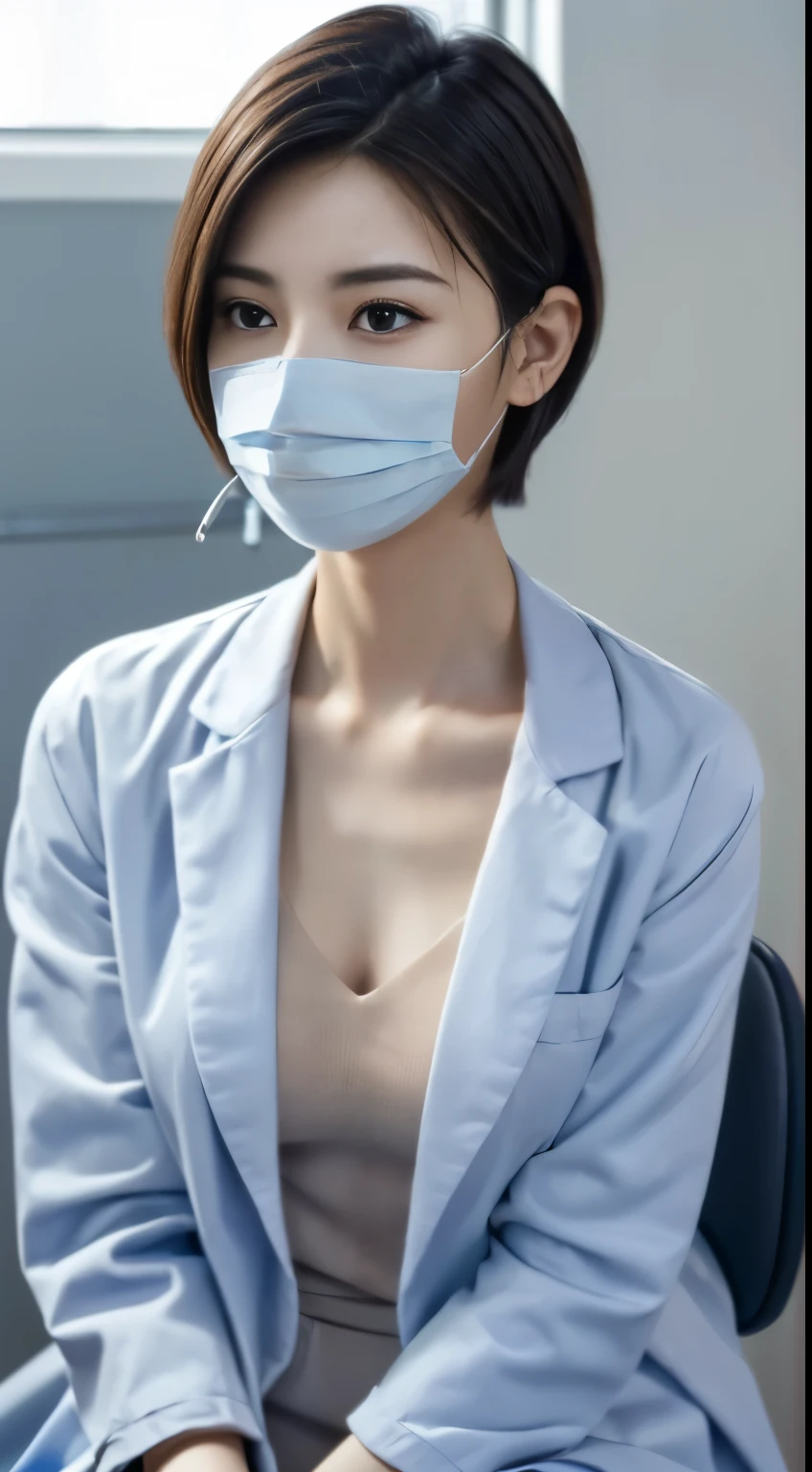 Photorealistic beautiful doctor、amazingly beautiful、(Doctor White Coat Naked),(topless)、(highest quality、8K、32K、masterpiece、nffsw:1.3)、ultra high resolution,(Photoreal:1.4),RAW photo, detailed face,,beautiful hair, ((Doctor Style)), (Nude in a white doctor's coat、light blue mask),very short hair 、nipple、 natural makeup,, small perfect breasts、(Inside the hospital,examination room desk and chair、sit on a chair) detailed background, perfect lighting, written boundary depth, beautiful shadow gradation,(Stethoscope) ,nippleが見えている、thin limbs、thin thighs、whole body、backwards、thin pubic hair