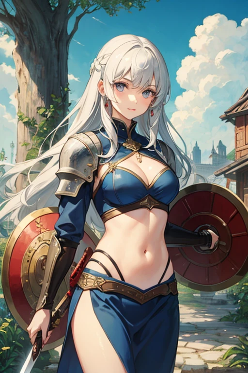 A female knight with a long sword and a large shield、s old、beautiful girl、Navel exposure