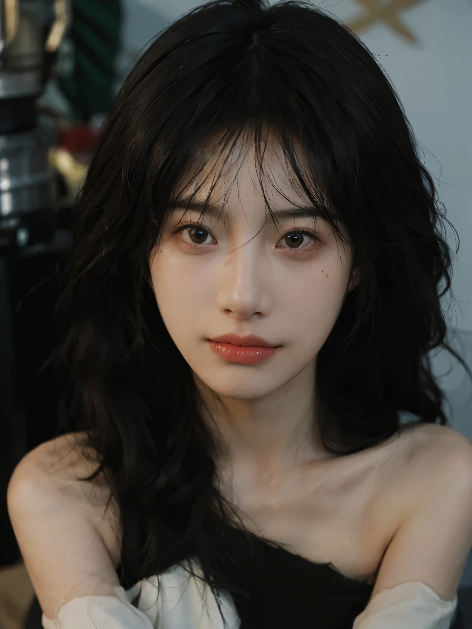 Film portrait photography, 1 girl, bare shoulders, Shoulder length wavy hair, serene, calm, (Realistic and detailed eyes, natural skin texture, Realistic facial details), Soft dramatic lighting, depth of field, Bokeh, Vibrant details, Detailed and detailed, surreal, 35mm film, hazy, ,