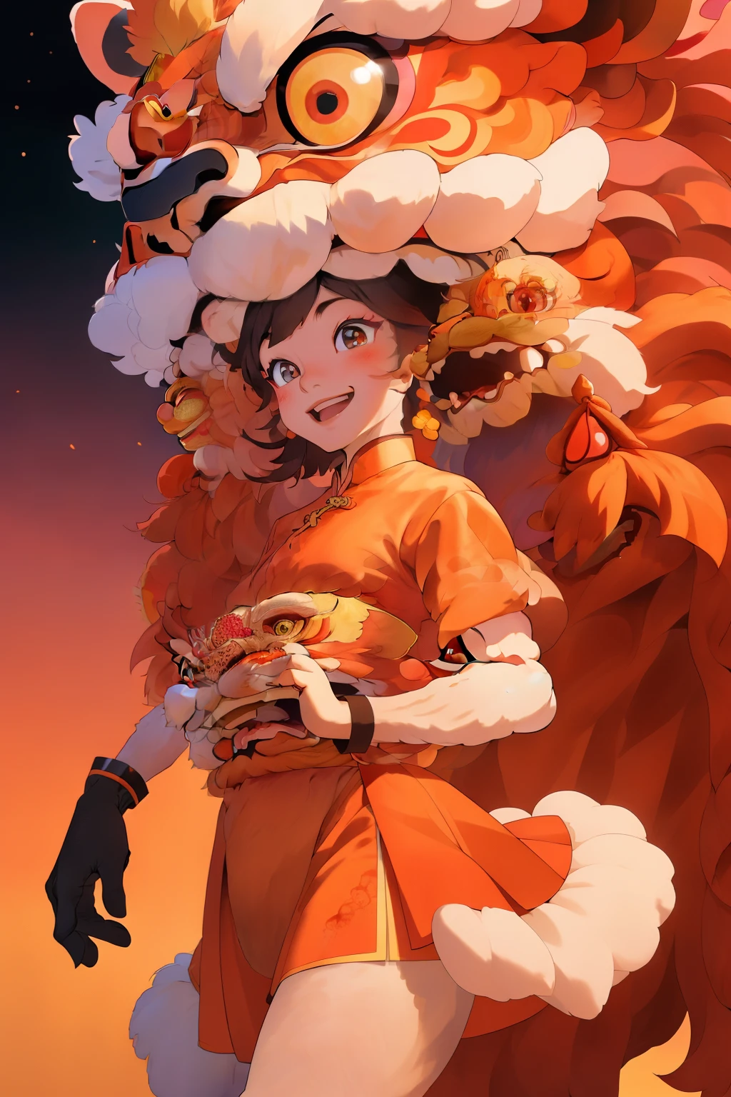 lion_dance,looking at the audience,, (masterpiece, best quality, high quality, high resolution, Super detailed),firecracker，new year，Smile，red tint