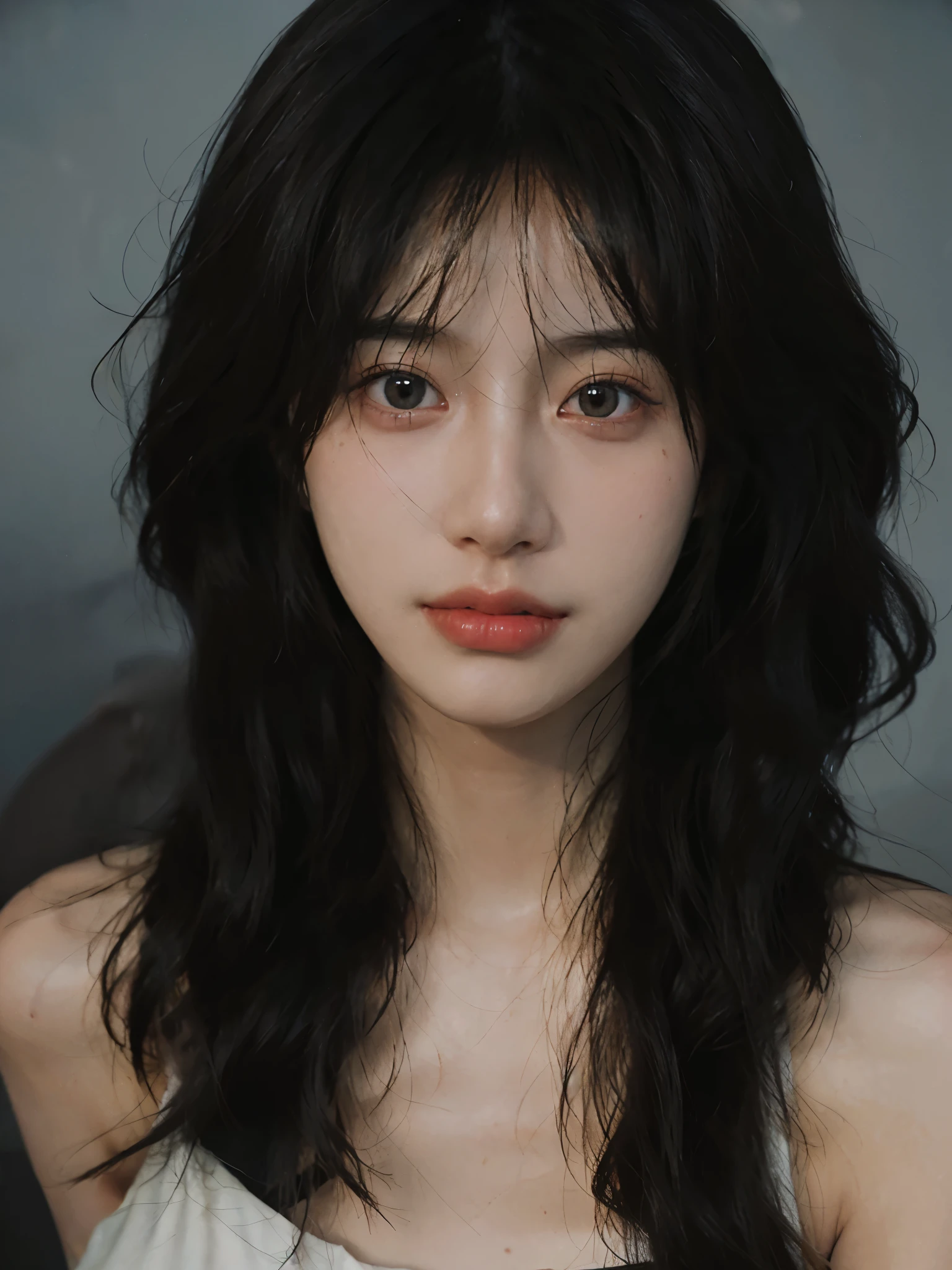 Film portrait photography, 1 girl, bare shoulders, Shoulder length wavy hair, serene, calm, (Realistic and detailed eyes, natural skin texture, Realistic facial details), Soft dramatic lighting, depth of field, Bokeh, Vibrant details, Detailed and detailed, surreal, 35mm film, hazy, ,