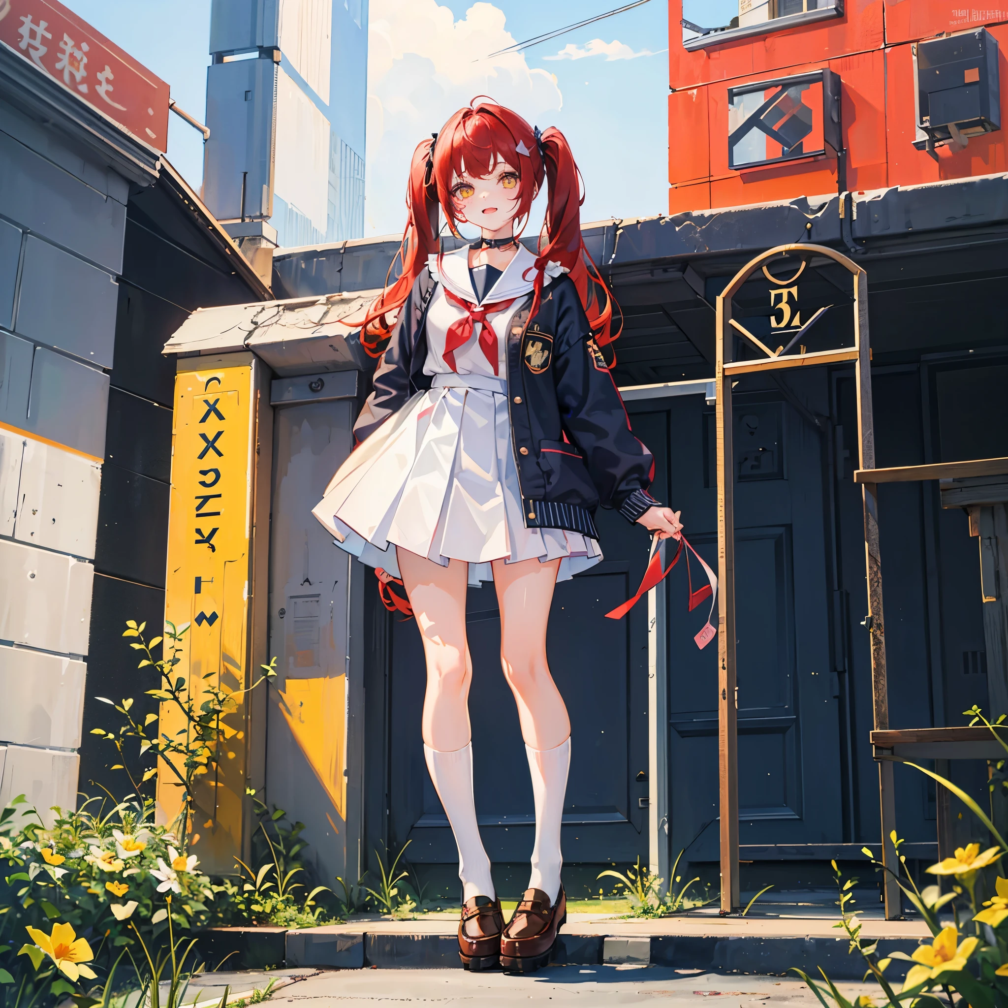1girl, , , pigtails, straight bangs, red hair, yellow eyes, childish body, cute, kawaii, make up face, . Happy face. She is wearing spring school uniform. Full body image. She is walking in the school garden.