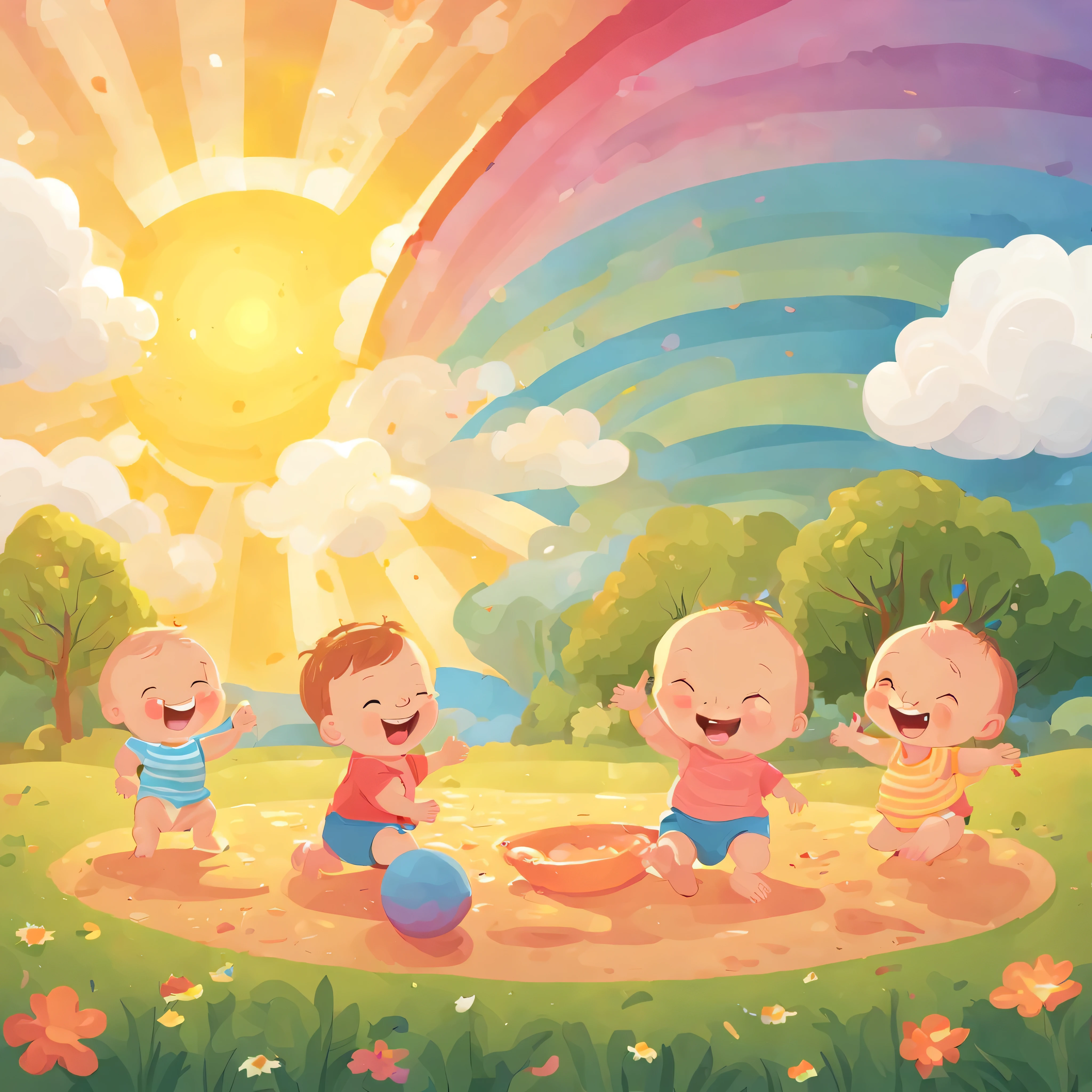 a scene where babies are playing in a ground and laughing with a background of sun and rainbow