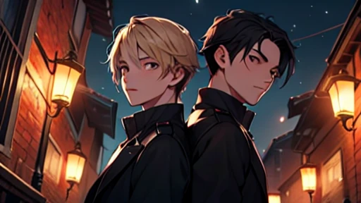 2 people, 2 shots, boys are 14 years old, blond hair boy and black hair boy, elegant, at night, Ingenious angle, warm atmosphere, clear eyes