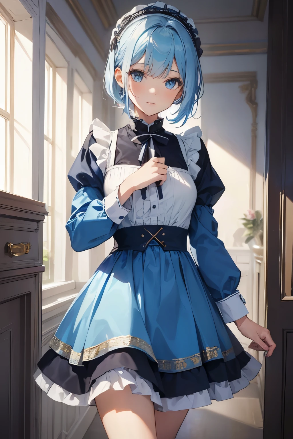 ((best quality)), ((muste piece)), perfect face,solo,1 girl,light blue hair,golden eyes maid outfit.shortcut,