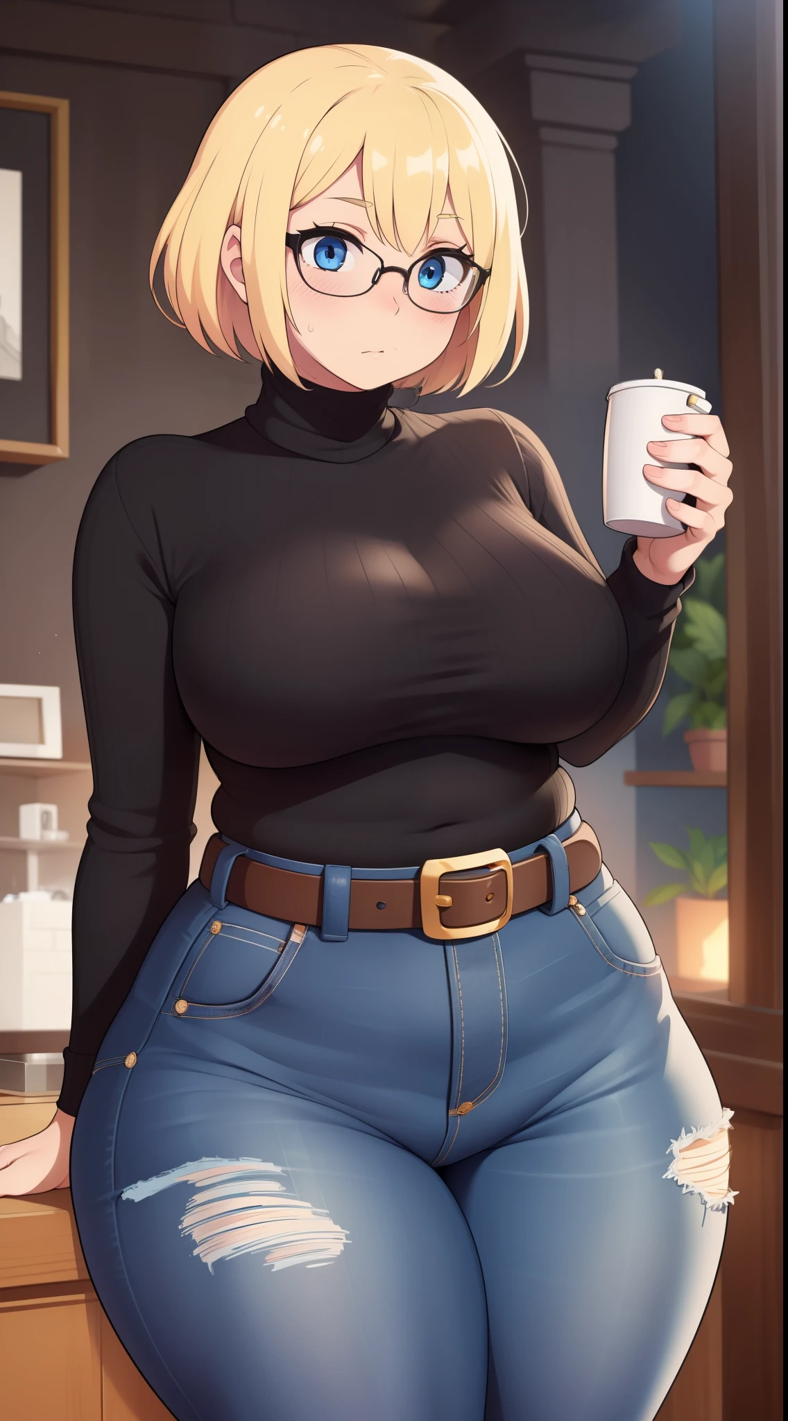 ((Masterpiece)), perfect anatomy, perfect shading, field of depth, (best quality), extremely delicate and beautiful, perfect lighting, detailed face, ultra cute face, cute, (cowboy shot 1.2), full body, (((1girl))), ((solo)), looking at viewer,

short hair, fluffy hair, blonde hair, blue eyes, Glasses, ((Blush)), shy, nervous, (black turtleneck sweater 1.5), (jeans 1.2), belt, extremely tight clothes, medium breasts, ((wide hips)), ((thick thighs)), ((chubby)), 

coffee shop, intricate background, detailed background,