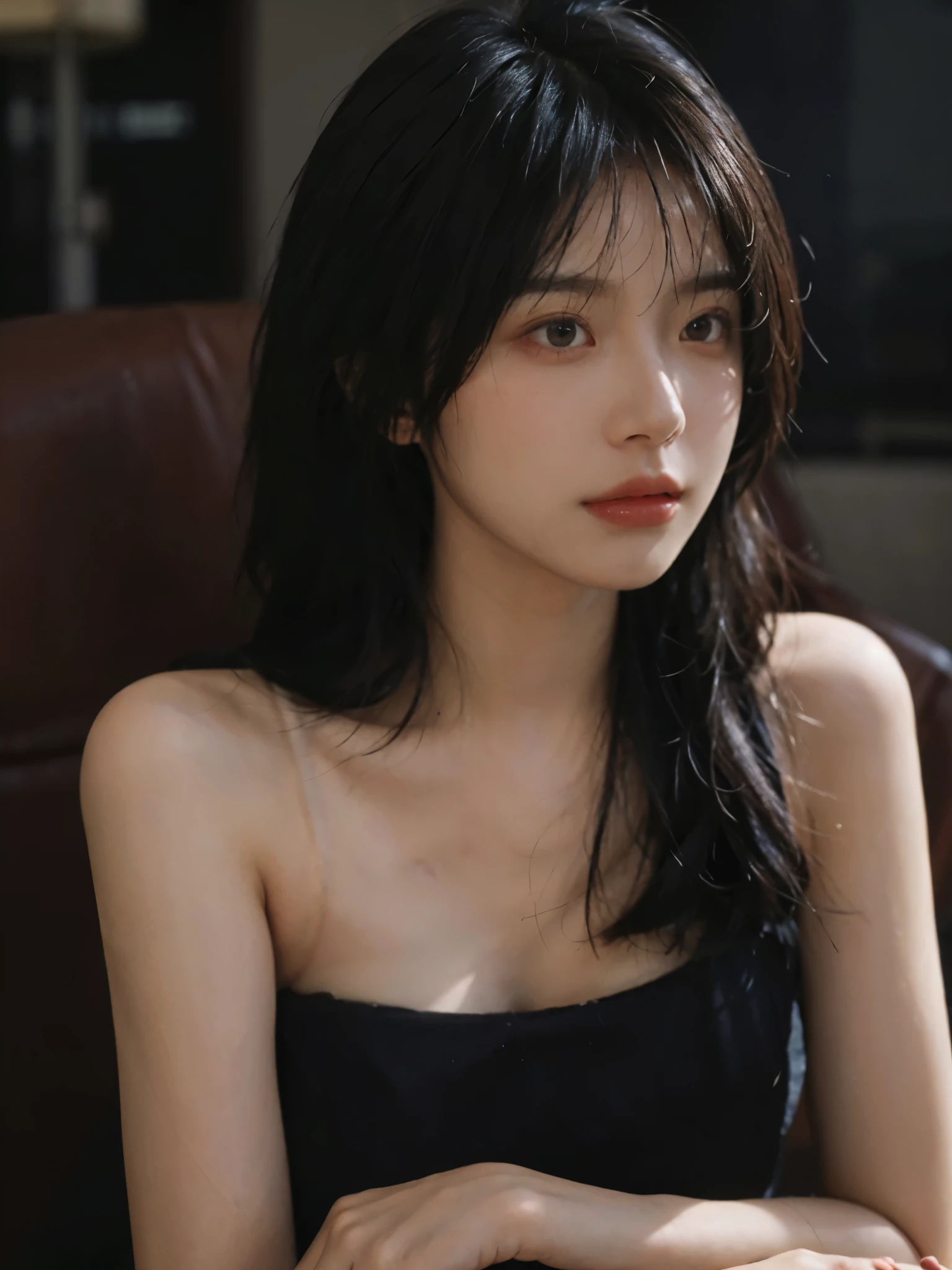 Film portrait photography, 1 girl, bare shoulders, Shoulder length wavy hair, serene, calm, (Realistic and detailed eyes, natural skin texture, Realistic facial details), Soft dramatic lighting, depth of field, Bokeh, Vibrant details, Detailed and detailed, surreal, 35mm film, hazy, ,