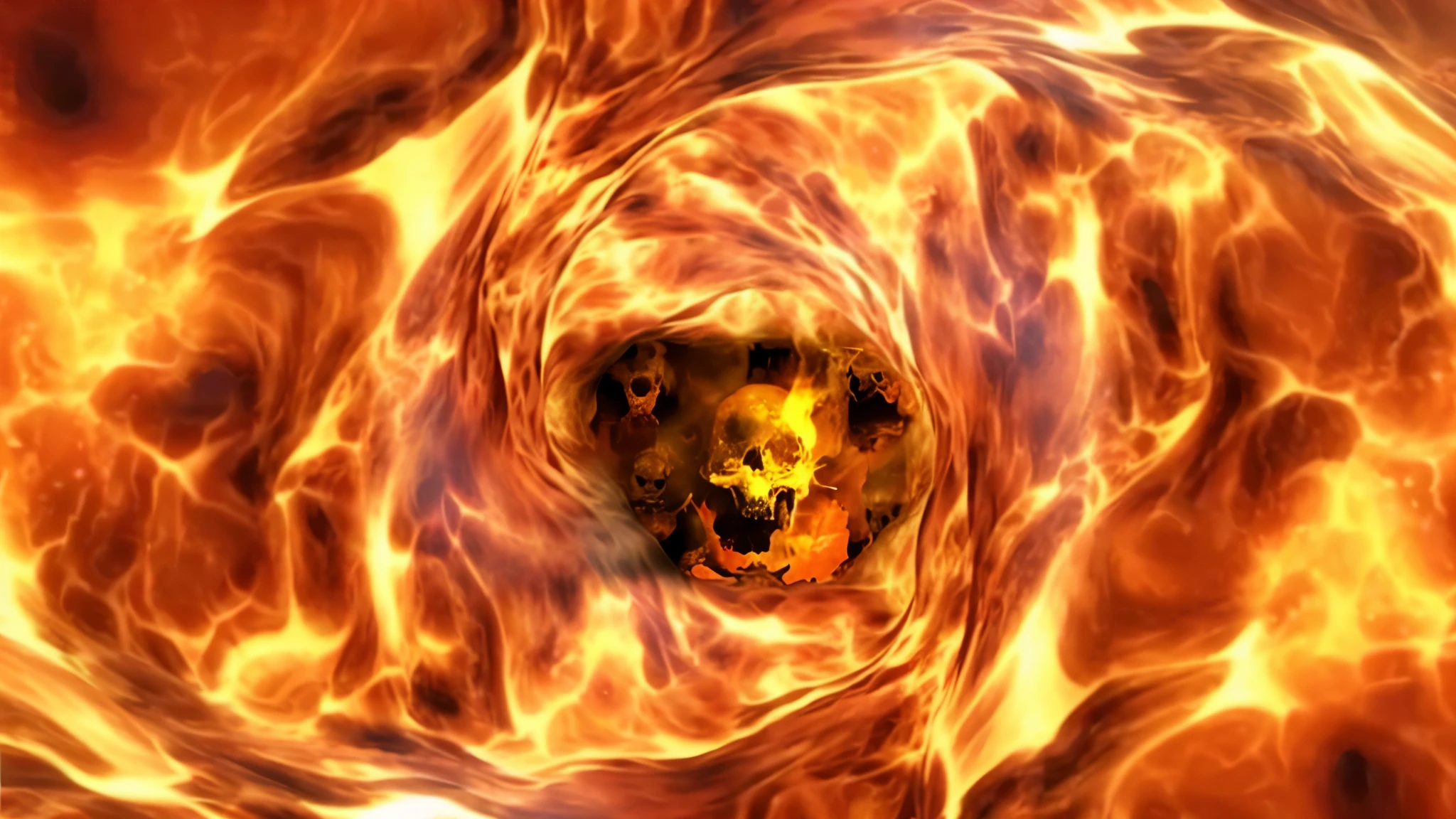 a close up of a skulls in a hell tunnel with a fireball, portal to hell, hell background, engulfed in swirling flames, hellfire background, mouth of hell, hell fire, fiery skull contemplating life, burning in hell, a portal to the lost flame realm, studying a hell open rift portal, satan in hell, flame vortex, intricate overlay flames imagery, realistic image, 16k resolution, many skulls shouting in hell