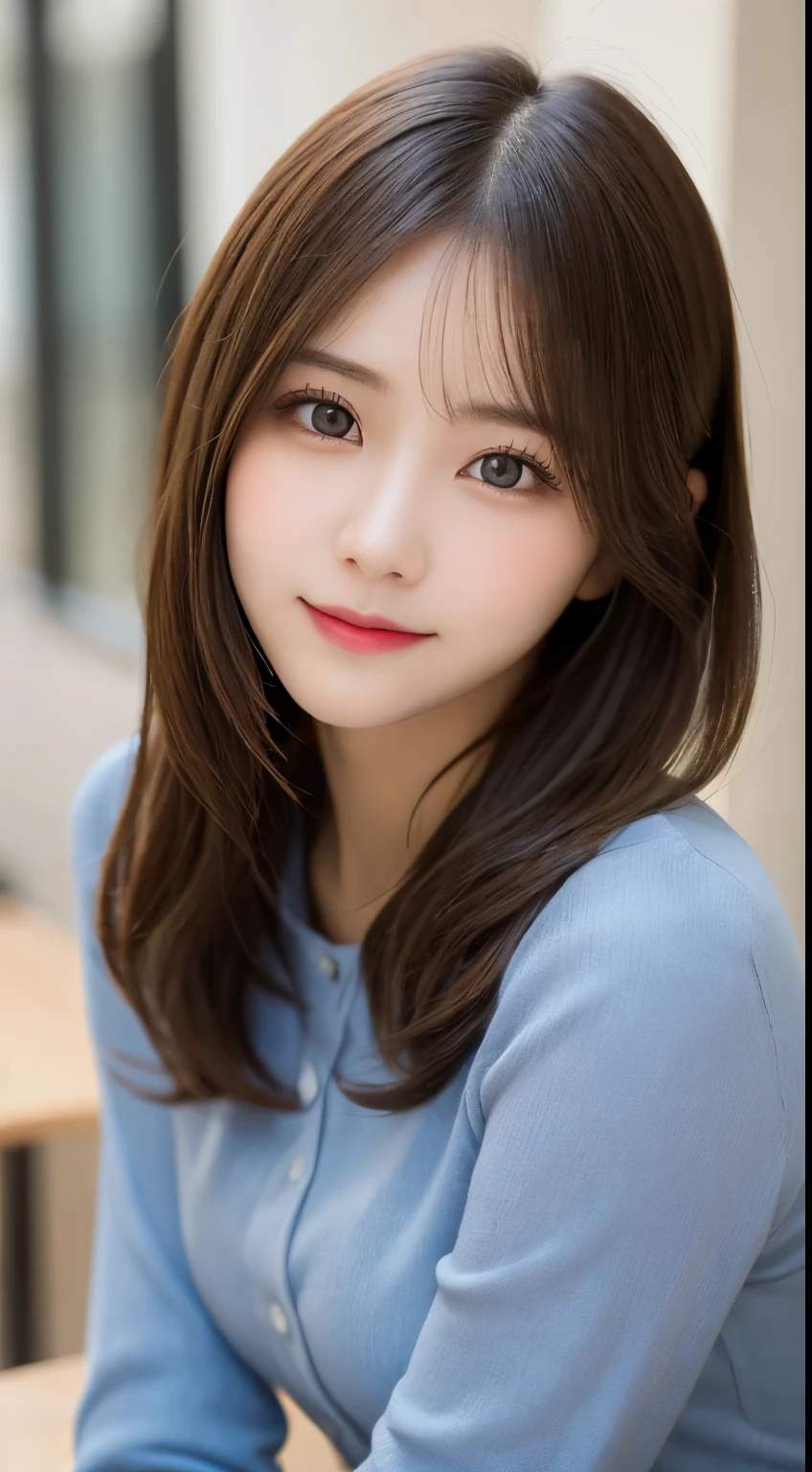 table top, highest quality, shape, Super detailed, finely, High resolution, 8k wallpaper, 完璧なダイナミックな構shape, beautiful and detailed eyes, long sleeve casual office clothes,medium hair,,natural color lip, bold sexy pose,smile、20 year old girl、cute、sexy shot looking at camera,blur the background,beautiful and detailed face,Take only the face、real photos,blur the background