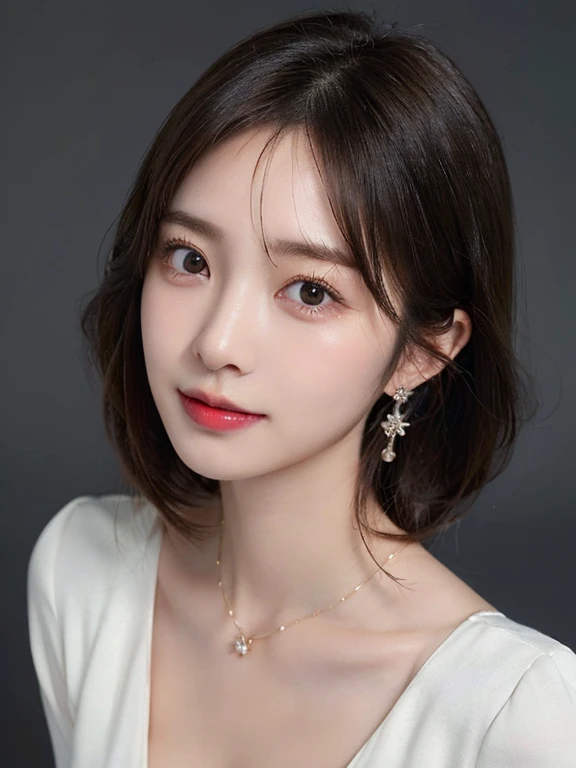 1 girl, NSFW, (white background), ((8K, to be born, masterpiece: 1.4)), (professional photography, sharp:1.2), ((portrait shot)), perfect dynamic composition, (natural sunlight), (soft shadow), (perfect body:1.4, slim abs:1.2), ((Japan Hairstyles:1.4, Beautiful breasts above average:1.6)), medium long hair, highly detailed face and skin, perfect asian, white skin, (fine skin:1.3),(latex skin:0.4), (perfect shiny skin:0.6), Yuki Shiramori, blonde hair, light brown eyes, beautiful eyes, round eyes, cute face, blushing face, glossy lips, high nose bridge, Lustrous eyes, perfectly proportioned face, realistic moist skin, exquisite expression, Smile a little at the camera, looking at camera, exquisite expression, elegance necklace, elegance earrings, minimalist, show cleavage, wear(Full body black dress),