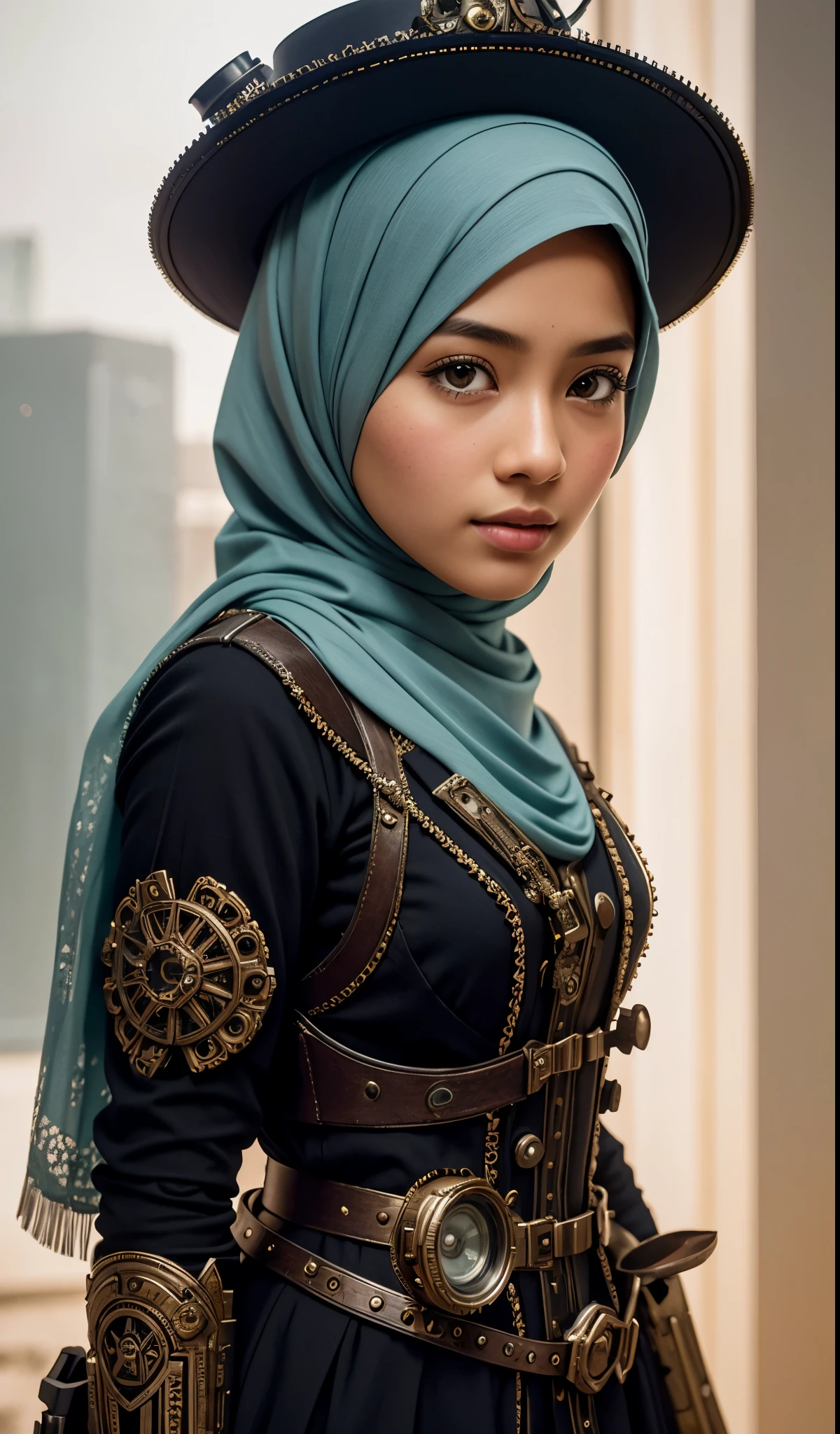 Craft a photorealistic scene of a Malay girl in hijab as an intrepid explorer in a steampunk world. Showcase intricate gears, Victorian-inspired fashion, and a sense of adventure in this alternate reality, 8mm lens, Extreme close-up, pastel color grading, depth of field cinematography effect, film noir genre, 8k resolution, high quality, ultra detail,