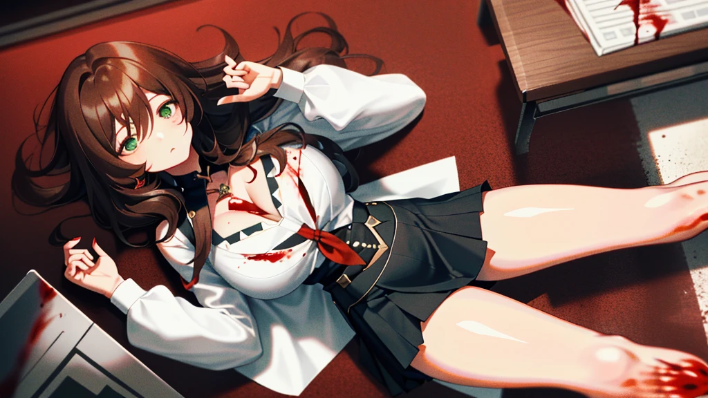 (Lie on the ground:1.2), Lisa, genshin impact, 1 girl, alone, ((white shirt)), barefoot, huge breasts, exposed chest, tie, cleavage, uniform, ((Killed)), ((From above)), (cinematic lighting), (Put your arms on the ground), ((Sea of Blood)), ((bloody ground)), dutch angle, ((Bloody Body)), ((blood on their clothes)), ((rape face)), ((Open your eyes wide)), (((horror))), office background, black skirt, pleated skirt, office, hair between eyes, messy hair, large chest, long hair, looking at the viewer, brown hair, red short nails, green eyes, alone, ((long slender legs)), ((thin waist)), thighs, very long hair, ((masterpiece)), classroom, board, class board, Beautiful woman