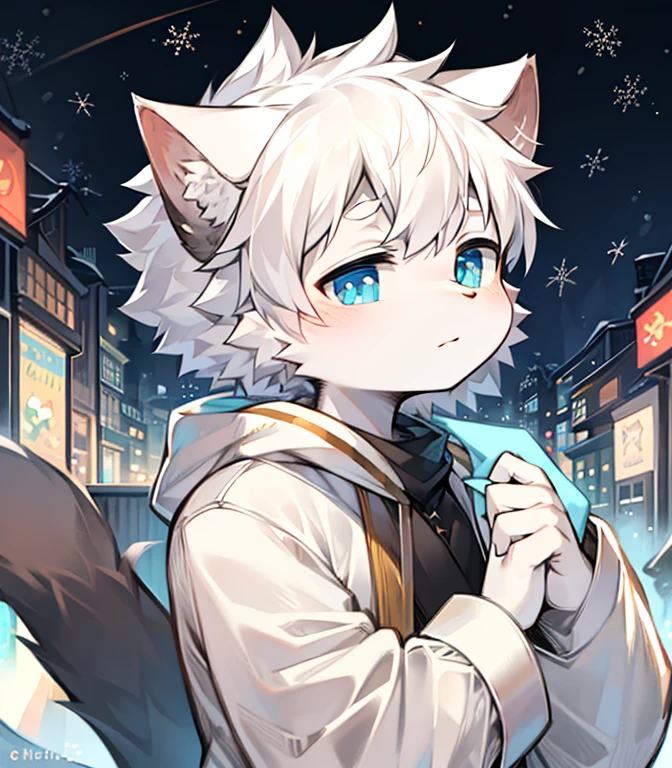 Highest image quality,masterpiece,slender hands,A detailed eye,Normal eyes,Gray cat ears,hairy,white hair,Lovely,Handsome,((white scarf)),Cat style,Shota, blue pupils, City夜景, white hair, through bangs,Mottled light and shadow, Short hair details,Humanity,There are God's bright eyes, City,winter background,2022,black suit,solo,new year,oval face,snowflake,Casual
