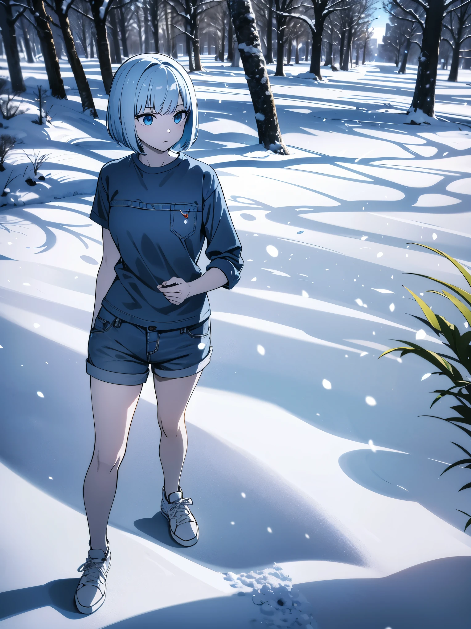 outdoors, snow forest, full_body, blue palete, absurdres, high quality, highres BREAK 1girl, solo, super pale skin, life-size-body, young, thin, skinny, light blue hair, bangs, bobcut, detailed face BREAK plain white t-shirt, blue denim short, all-white shoes, ROSA20
