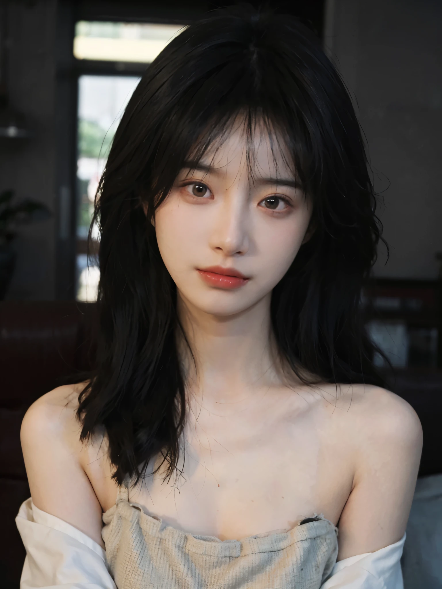 Film portrait photography, 1 girl, bare shoulders, Shoulder length wavy hair, serene, calm, (Realistic and detailed eyes, natural skin texture, Realistic facial details), Soft dramatic lighting, depth of field, Bokeh, Vibrant details, Detailed and detailed, surreal, 35mm film, hazy, ,