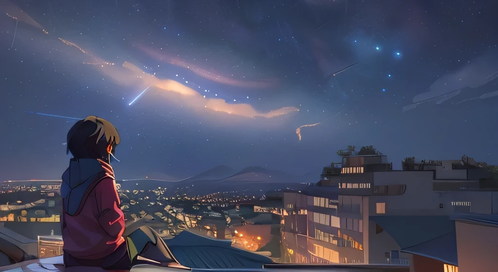 starry night sky with a girl sitting on a roof looking at the city, cosmic skies. by makoto shinkai, girl sitting on a rooftop, inspired by Alena Aenami, octane render. by makoto shinkai, inspired by Makoto Shinkai, makoto shinkai. octane render, girl looks at the space, looking at the sky