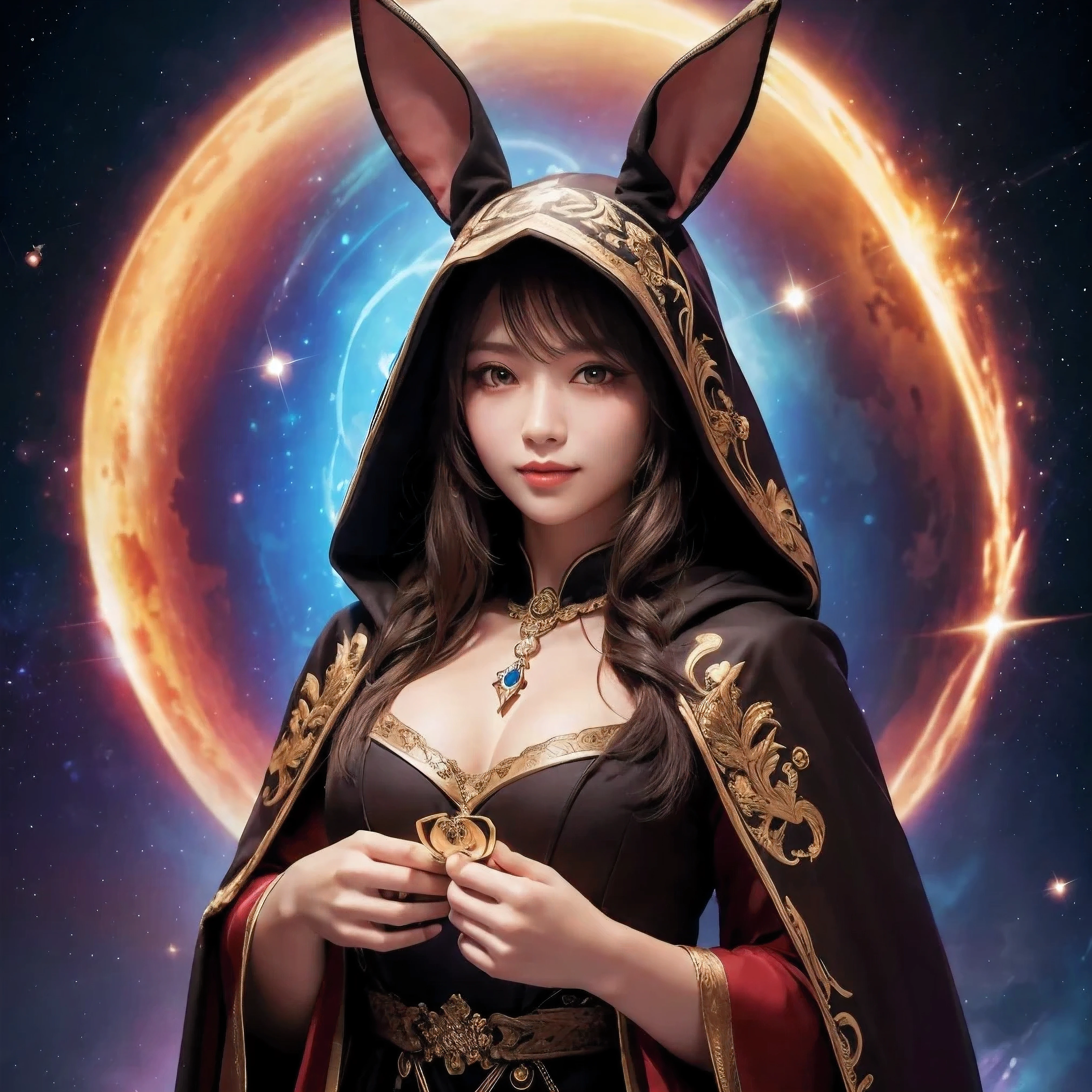 Final Fantasy World, highest quality, shape, Super detailed, finely, High resolution, 8k wallpaper, 完璧なダイナミックな構shape, astrologer, Fortune telling with tarot cards, Enigmatic beauties, bewitching smile, wearing a hood, Wear a cloak, Dress with open chest, long and straight rabbit ears like a bunny girl, red eyes, long black hair with curly hair, brown skin, thick lips, brown skin, galaxy background