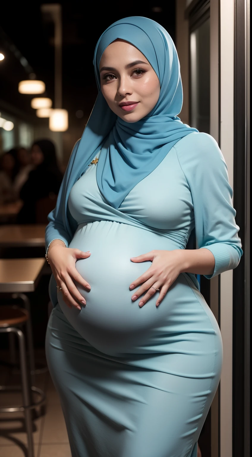 Malay girl in hijab, wear small floral peplum light blue color backless dress , laughing and posing with hand on head, touching her own head, wear handbag, back view, hijab blown, windy, detail skin, age spot, detail skin texture, mole below eyes, ((heavily pregnant:1.3)), big breast, big chest, big hips, big waists, thick thighs, slim abs, beautiful body, nighttime, laughing, happy, bright lighting, college student in background, crowded cafe, blur background, bokeh,