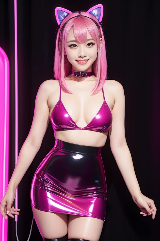 nsfw、(female idol)、gentle smile、shiny glossy latex mini skirt (neon fuchsia)、full body Esbian、multicolor hair、