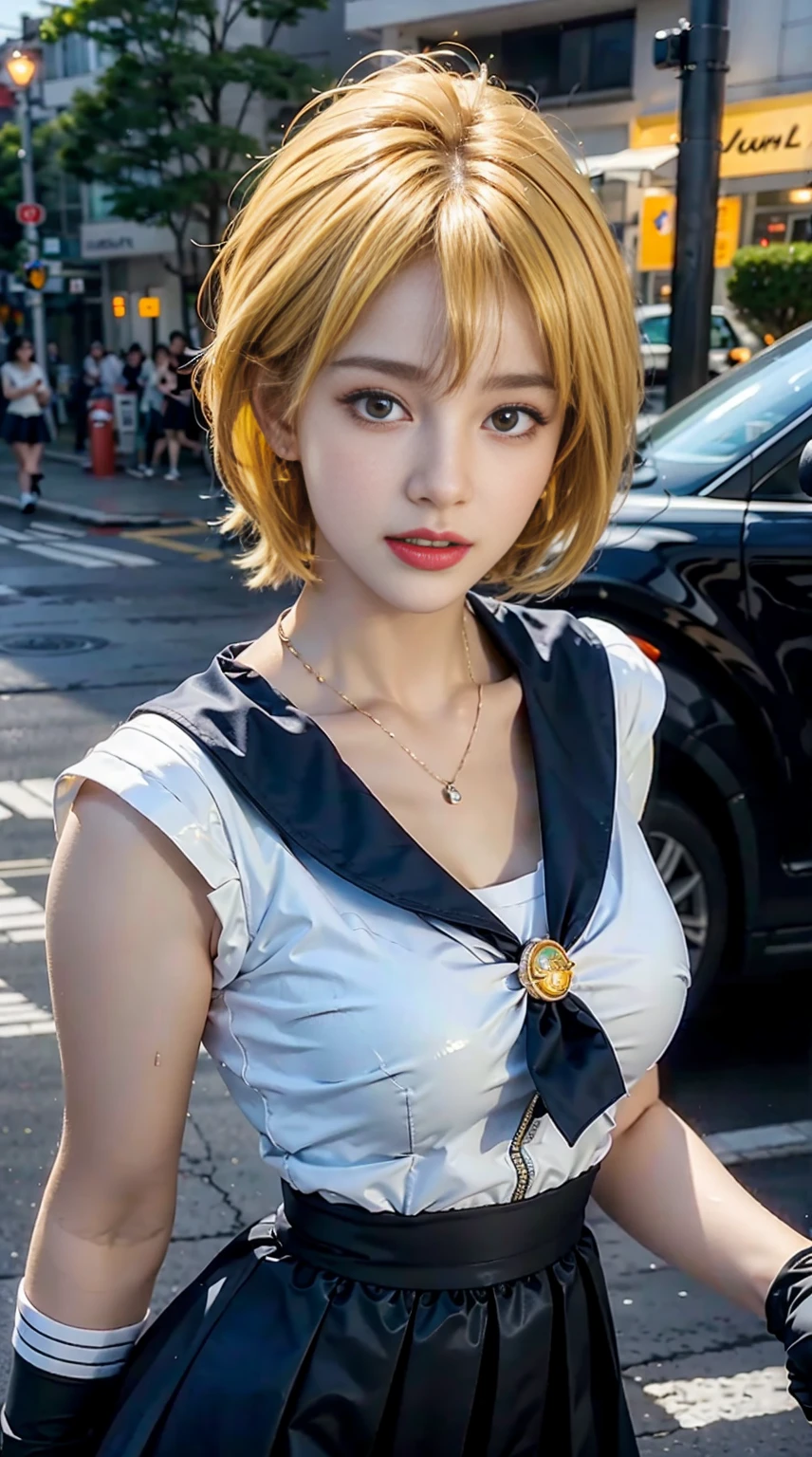 ((Masterpiece:1.4)、(top quality:1.4)、(realistic:1.7))、Masseter muscle film:1.4、a beautiful girl、(Sailor Moon:1.4)、Sexy female combat uniform、(latex shiny)、(The coat is a white sleeveless sailor suit)、(The skirt is a blue sexy super super miniskirt)、The collar of the sailor suit is blue and has two thin lines..、Red cloth decoration on chest、(wearing white gloves)、kawaii girl、super beautiful、sharp focus、portrait photos、upper body photography:1.4、beautiful face、beautiful eyes、Willow Yao、(yellow hair:1.4)、ponytail、original photo、red lips、Red boots:1.4、collar:1.4、A necklace:1.4、earrings:1.4、1 screen display、Outdoor view