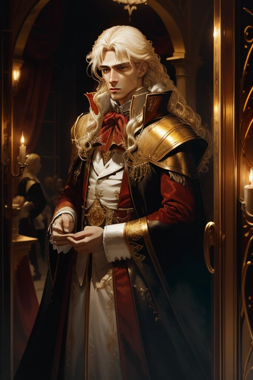 realista, Full HD, 4k, Vampire Marius from the book the vampire chronicles, has white blonde hair that rises to her shoulders and splits into small shiny curls, with iridescent blue eyes with golden eyelashes. He is quite tall and splendid, de se olhar. Na maioria das vezes, He is seen wearing rich red velvet coats, He's also an old man, com um ar sobrenatural 