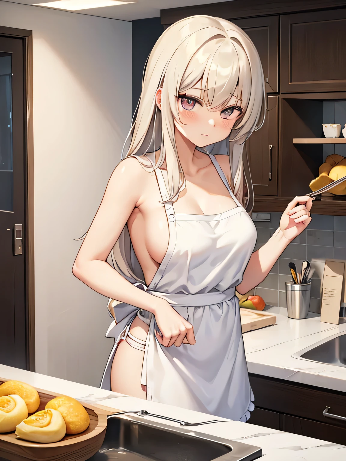 (1) A woman is making omelet rice in the kitchen.
(2) The woman is completely naked, wearing only an apron..
(3) The location is the apartment's kitchen..
(4) her expression is shy.
(5) she has long hair.