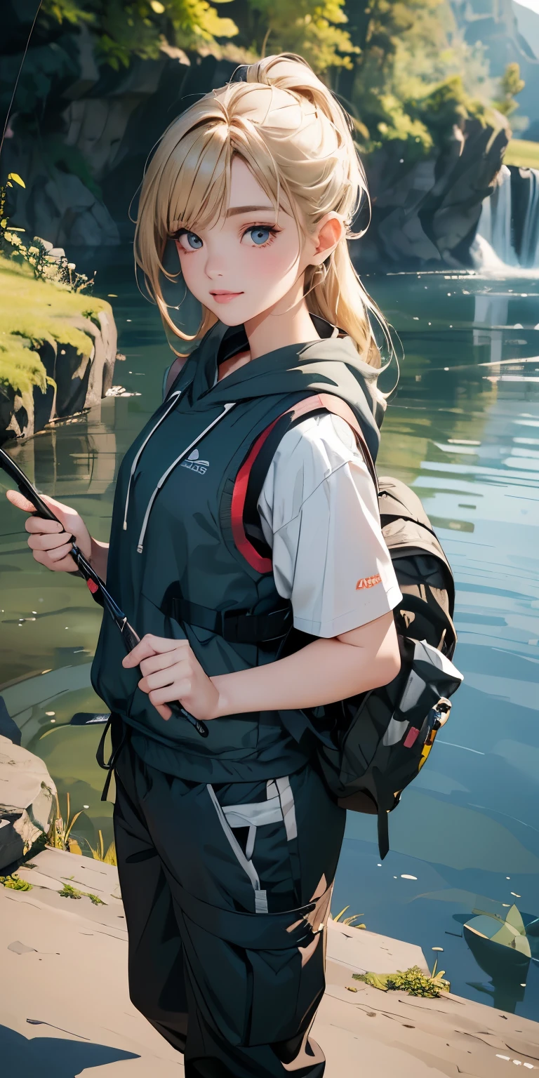 masterpiece、High resolution 8K、sharp focus、contrast lighting、ultra high resolution、ultra high resolution、Detailed CG、Low angle from the front、full body shot、Beautiful woman、beautiful eyes、(detailed face and iace:1 2)、narrow eyes、almond eye、brown eyes、gradation eye、highlight:1.2)、(beautiful blonde、long hair、side braid hair、asymmetrical bangs、(plump lips、glossy lips、 size) 、(oval face : 1.4)、(thin fingered arms、detailed human hand)、川でWoman Fishing、Beautiful and wide river、Flowing waterfall、rock surface、moss、forest、Mont、blue sky、Flowing clouds、vapor、mist、full body pose、Holding a fishing rod in your hand、Fishing lure rod、Outdoor Vest、hoodie、Waders、Long pants for fishing、Big backpack)、Point the fishing rod toward the water surface with both hands.、Have a long fishing rod、He points the fishing rod in his hand toward the water&#39;s surface..、Woman Fishing、naughty smile、teeth visible、Low angle from the front、cowboy shot