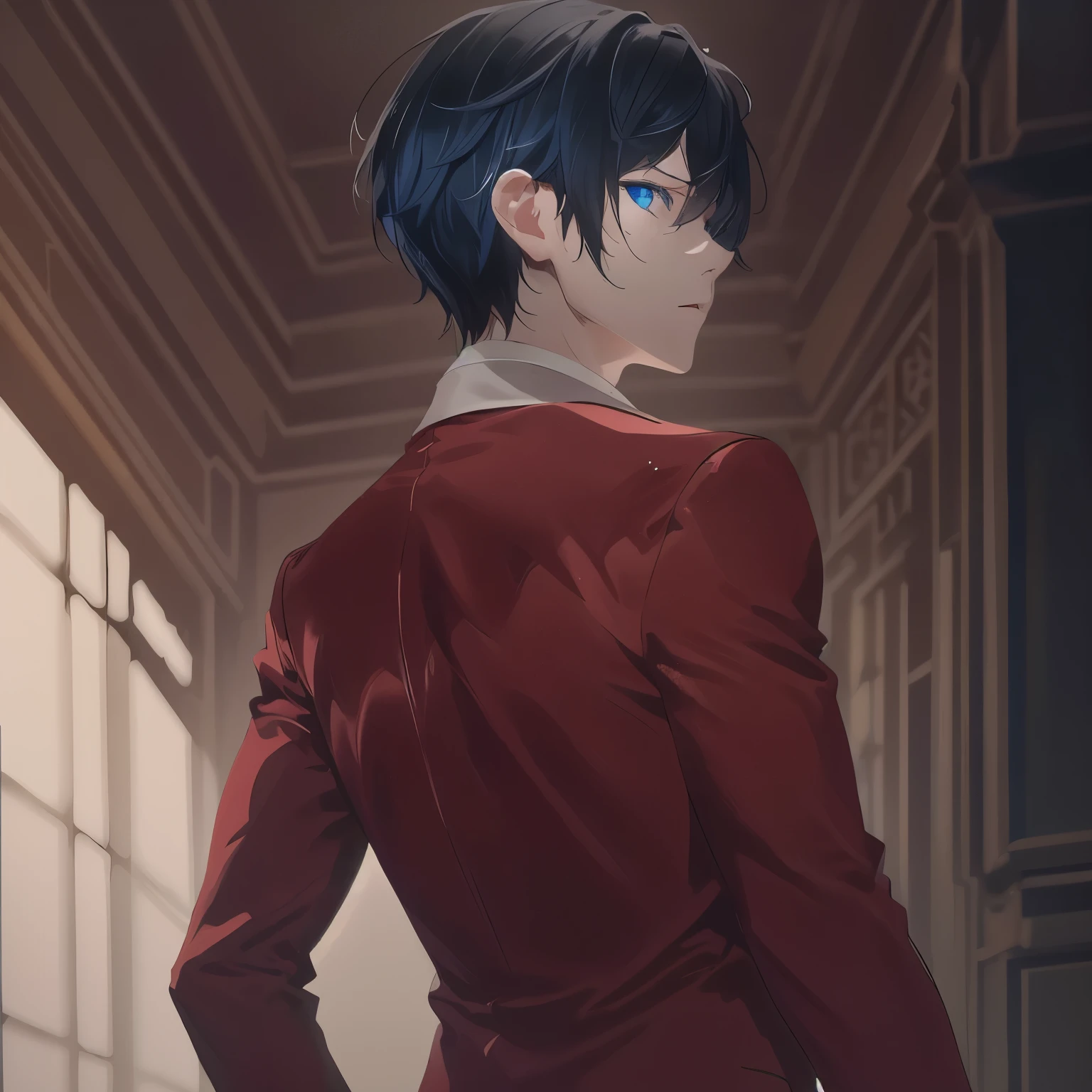 1boy,short hair,black hair,sharp eye,blue eye,red suit,soft lighting, volumetric lighting, intricate details, hyper detailed,(extremely fine and beautiful), (perfect details),semi side view, from behind
