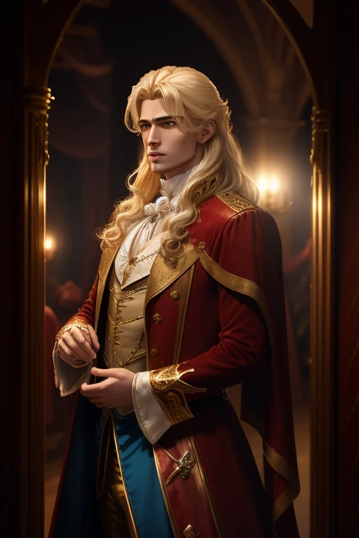 realista, Full HD, 4k, Vampire Marius from the book the vampire chronicles, has white blonde hair that rises to her shoulders and splits into small shiny curls, with iridescent blue eyes with golden eyelashes. He is quite tall and splendid, de se olhar. Na maioria das vezes, He is seen wearing rich red velvet coats, He's also an old man, com um ar sobrenatural