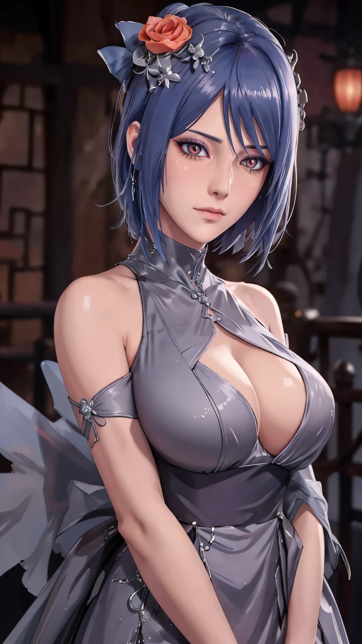 （（（newchinesestylesuit，Cement gray dress,（（（konan \(naruto\),konan, blue hair, Orange pupils, short hair, hair ornament, flower, hair flower, ））），（（（wide hips））），S-shaped body:1.7））），((masterpiece)),high resolution, ((Best quality at best))，masterpiece，quality，Best quality，（（（ Exquisite facial features，looking at the audience,There is light in the eyes，shy，blush，pain，endure ））），（（（Light and shadow interlace，super gigantic ，cleavage））），（（（looking into camera）））