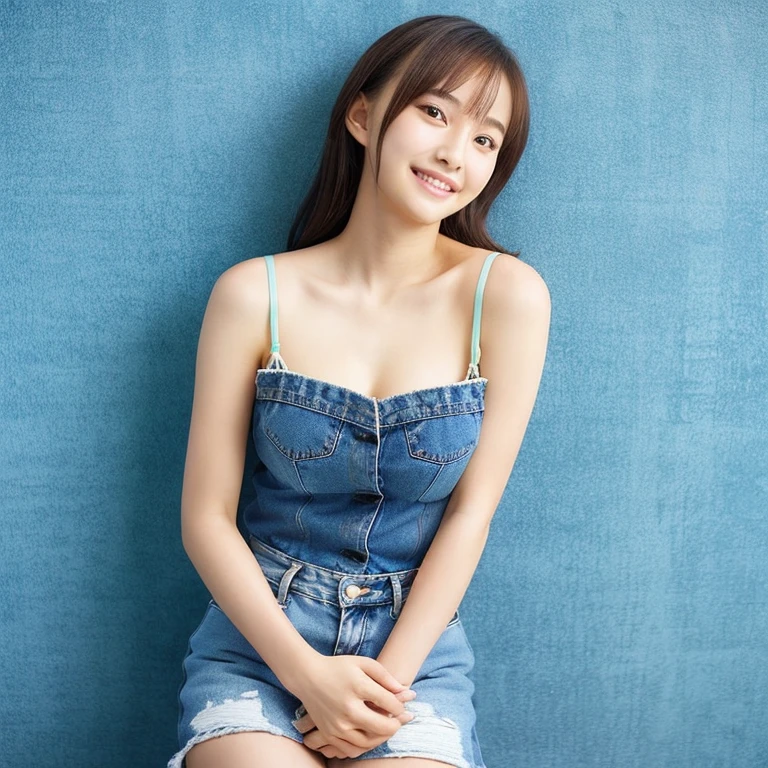 Japanese beautiful girl,young face,innocent face,tits,Denim fabric miniskirt,I can see the whole body,spread legs,smile