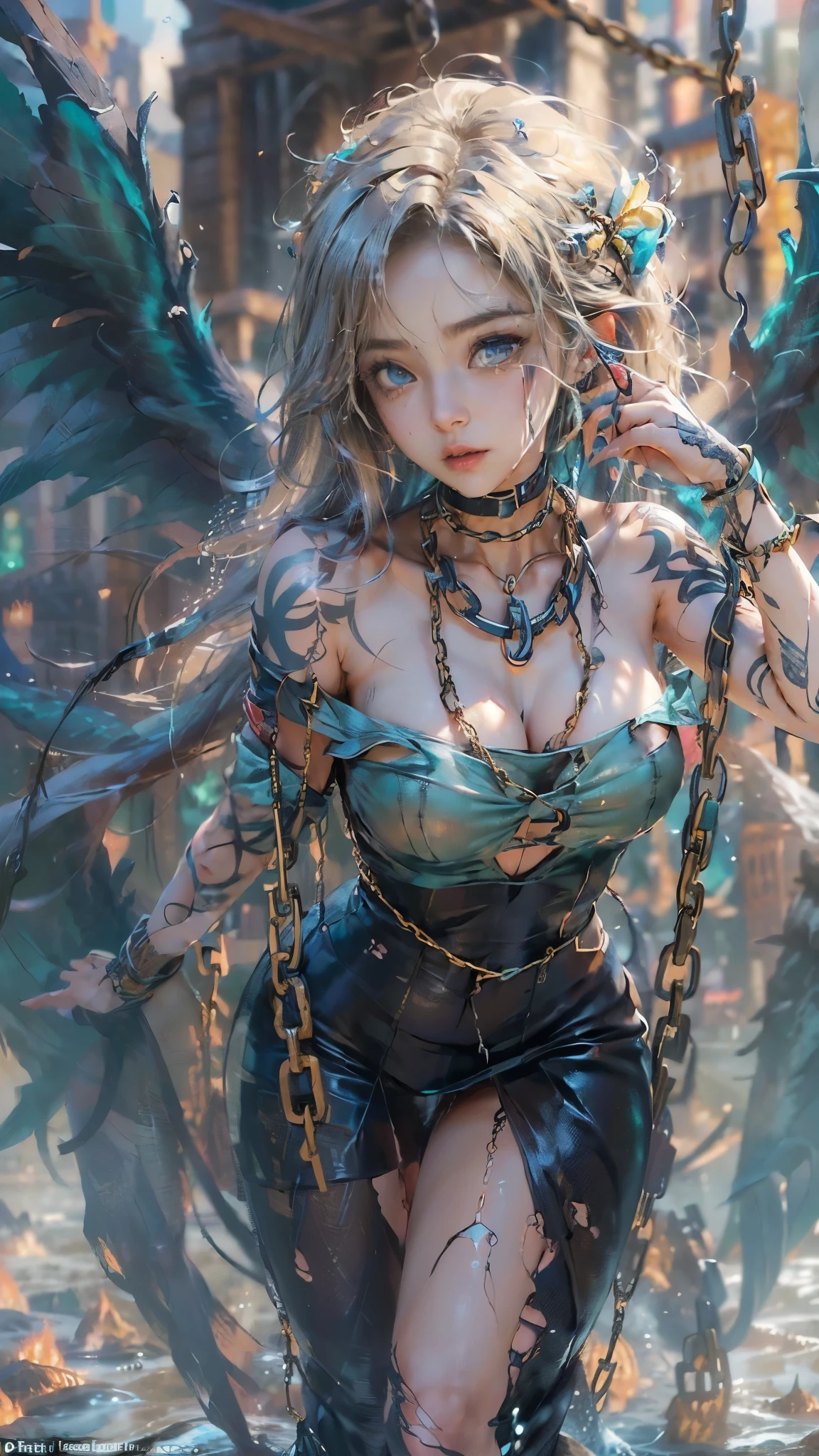 (RAW shooting:1.5, realistic:1.5, fractal art:1.5, 8K), (highest quality, masterpiece, ultra high resolution), Inside the ruined castle of the demon world, ((perfect dynamic composition:1.7)), Highly detailed skin and facial textures:1.3, Detail of limbs, 1 girl, (Cute sexy succubus demon with big wings:1.3, beautiful and aesthetic:1.3, Detailed tattoos:1.3), prisoner of war, slave, Horn, Fair skin, open your legs, colorful, (Correctly wear heavily torn clothes off-shoulder:1.3), Huge breasts that are about to explode, Do not show areola, big chest gap, (The expression on your face when you feel intense caress, Facial expression when feeling pleasure, A look drowning in pleasure, Are crying), beautiful blue eyes, Eyes that feel beautiful eros, sexy face, blush, (Too erotic and cute:0.9, Bewitching:0.9), ((torture:1.5, Lots of chains:1.8, countless chains tangled in clothes:1.8, chain the right arm:1.2, chain the left arm:1.2, Bind the right leg with shackles and chains:1.2, Bind the left leg with shackles and chains:1.2)), (((An incomprehensible amount of liquid flows throughout the body:1.5))), super long blonde curly hair, View from the knee up