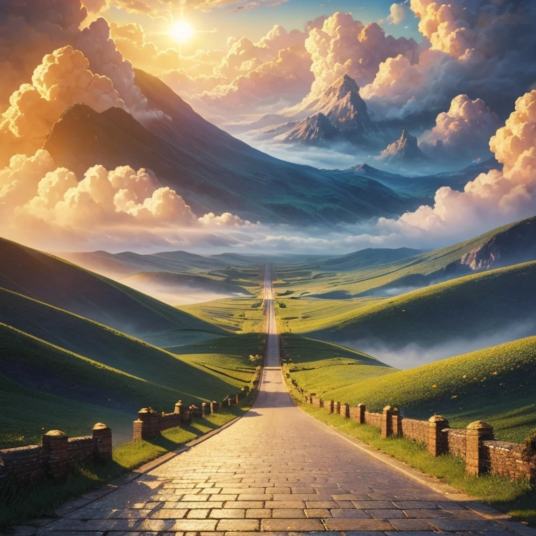 ((masterpiece)),((highest quality)),((high detail)),((fantasy)),A shining road paved with golden bricks, a straight road,The background is a sea of clouds.