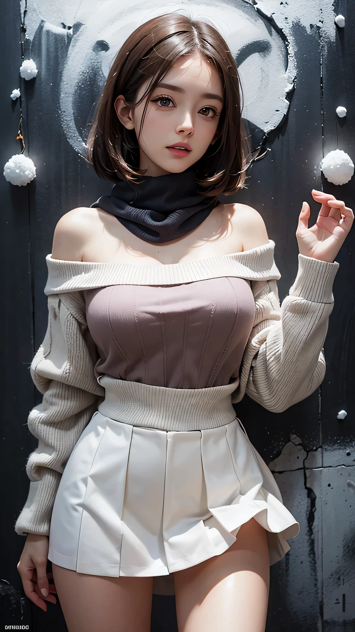(a closeup:1.4), (RAW Photography:1.2), (Photorealsitic:1.4), (​masterpiece:1.3), (top-quality:1.4), dream-like, (A detailed eye), (detailed facial features), (detailed clothes features), Clear skin, (shinny skin), (Slender and beautiful girl), (Beautiful leg lines), one girls, (FULL BODYSHOT), solo, cute little, Happy smiling face, (huge-breasted), beauty breast,bangss, Short Bob, A dark-haired,Black eye, Long Scarf, White wool sweater, off shoulders, a miniskirt, white panties,panties appearing, Snow boots, Panties are visible, obscenit,erotick, pantyshot, upskirt, back,