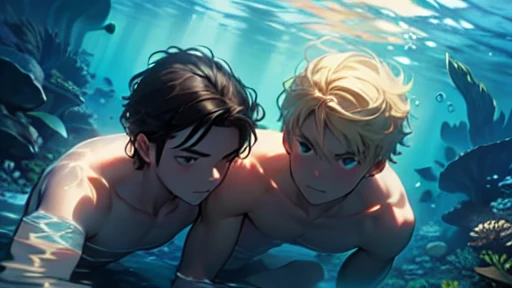 2 boys, Two people are underwater, swim, boys are , blond hair boy and black hair boy, elegant, friends, underwater, Serious mood, clear eyes