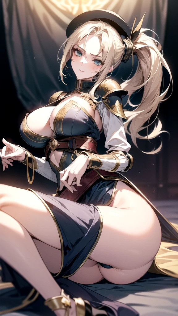 ((masterpiece, highest quality, very detailed, disorganized)), ((High resolution)) ,((8K)), beautiful woman, ((She is one of the most woman swordsman.)), unparalleled beauty, ((big breasts:1.3)), ((big ass:1.1)), ((deep cleavage:1.2)), slim waist, Proudly, ((super detailed face)), perfect skin, ((((Waist-length hair, Blonde with side ponytail)))), green eyes, full body image, sexy, an inviting smile, (((anime))), ((glamorous)), the charm of sex ,23 years old, ((incredibly beautiful woman)), ((((provocative)))), ((G cup bust)), ((((sexy pose)))), ((Neat.)), ((((woman swordsman))), ((magical lights)), secret meeting, ((((please don't wear a hat, please don't wear a hat)))), ((((No head accessories)))), anime, ((Light armor, Belt Sword, Mysterious, adventurer, fantasy world)),