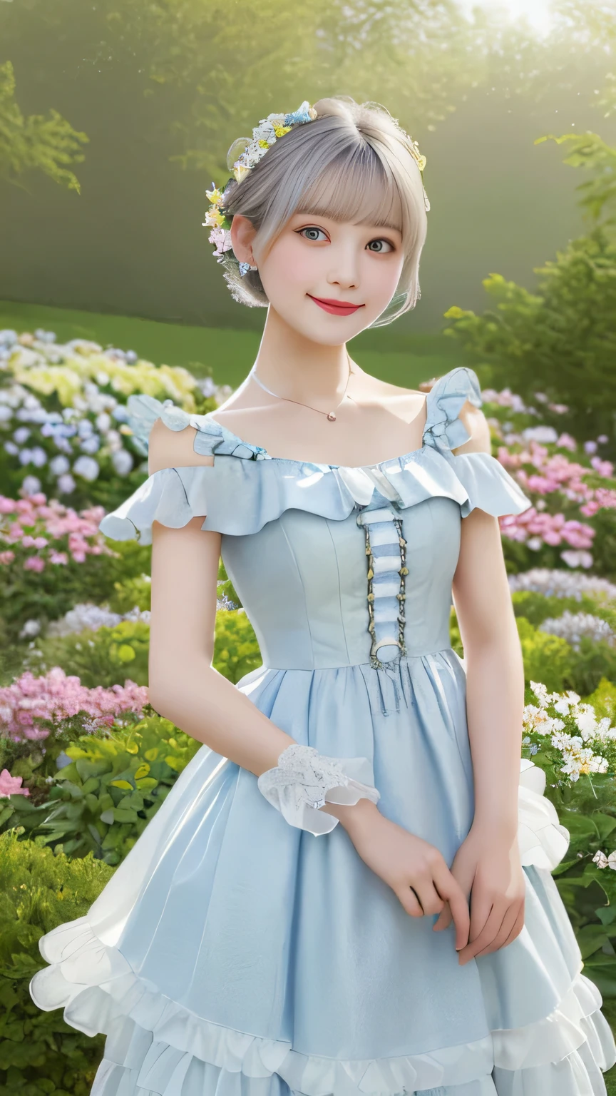 (​masterpiece、top-quality、illustratio、Extremely high quality、high-level image quality、Extremely sensitive writing)Girl with short silver hair standing in beautiful flowery garden、A slight smile、She has a large bouquet、Cute national costume style dress with ruffles on the shoulders、Hair fluttering in the wind
