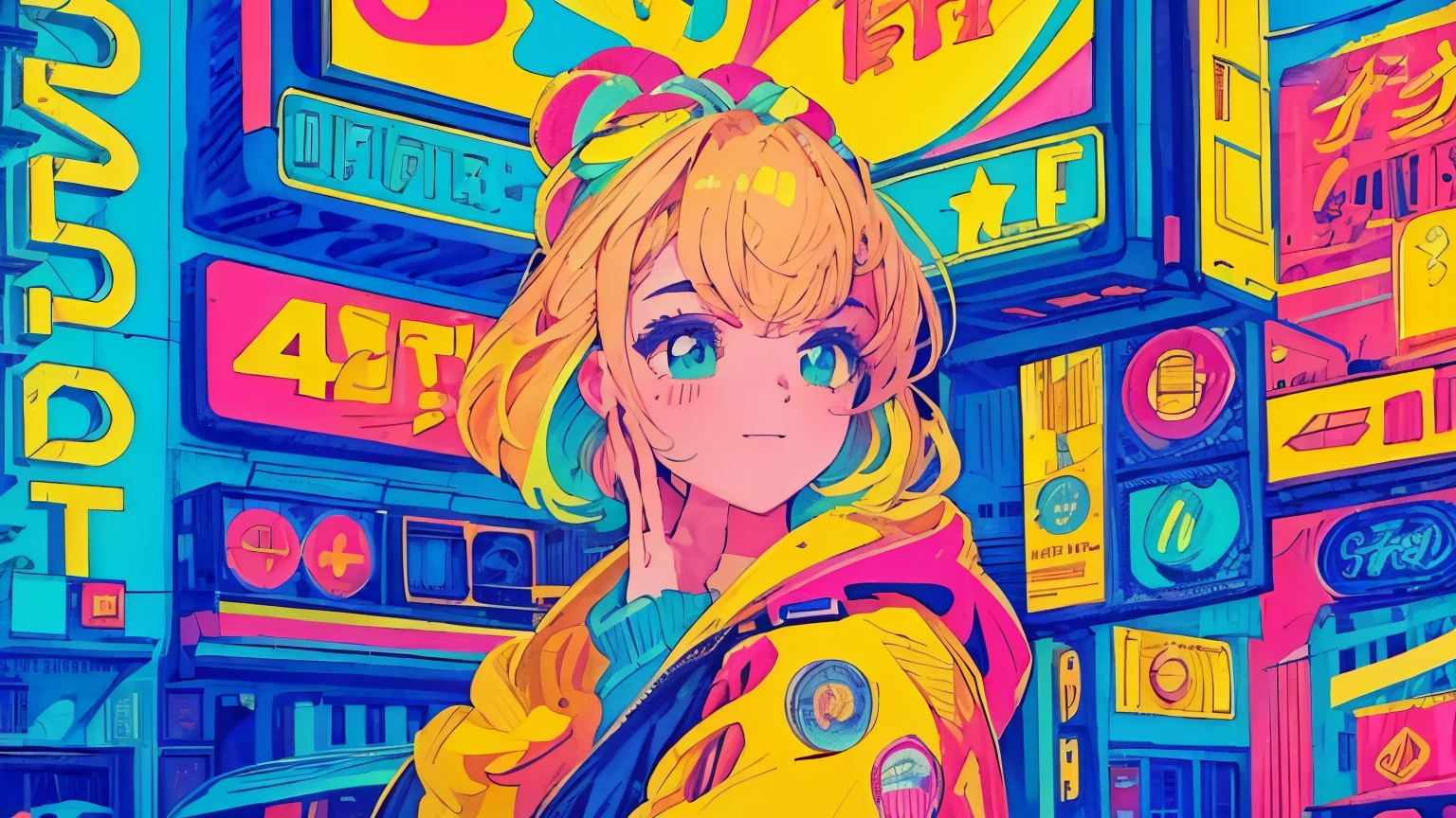 best quality, 4K wallpaper, masterpiece, extremely detailed CG unity 8k wallpaper, extremely detailed eyes, ultra-detailed, intricate details, close up 1 happy girl in center, retro art style, neon_pop art style, public, outdoors, road sign, city, people