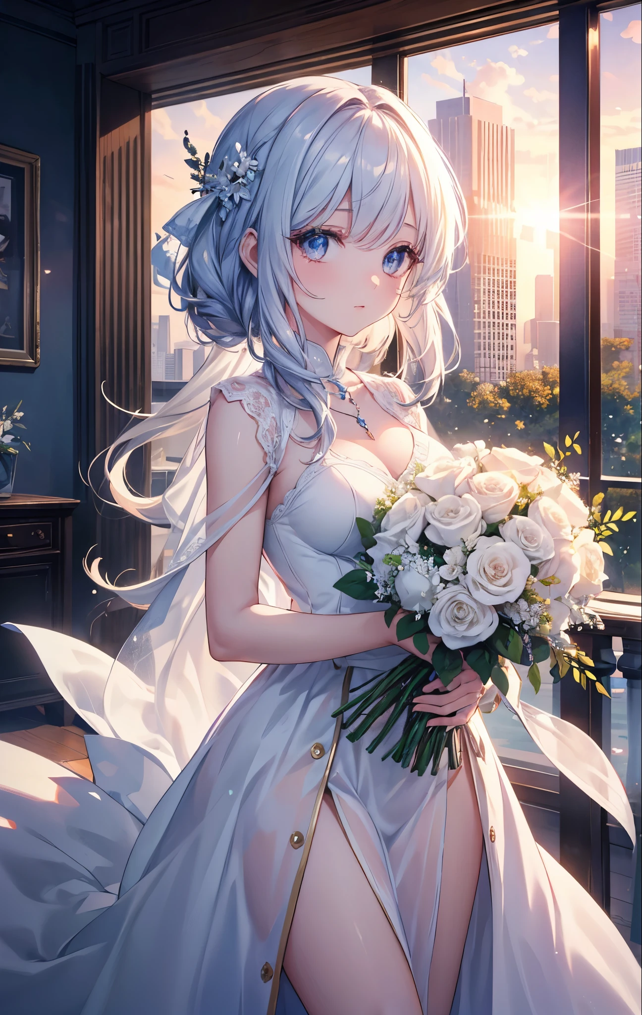{{masterpiece}},best quality,Highly detailed CG Unity 8K wallpaper,One woman,movie lighting,lens flare glow,
perfect style, perfect body, clear beautiful eyes, long eyelashes, have a bouquet,