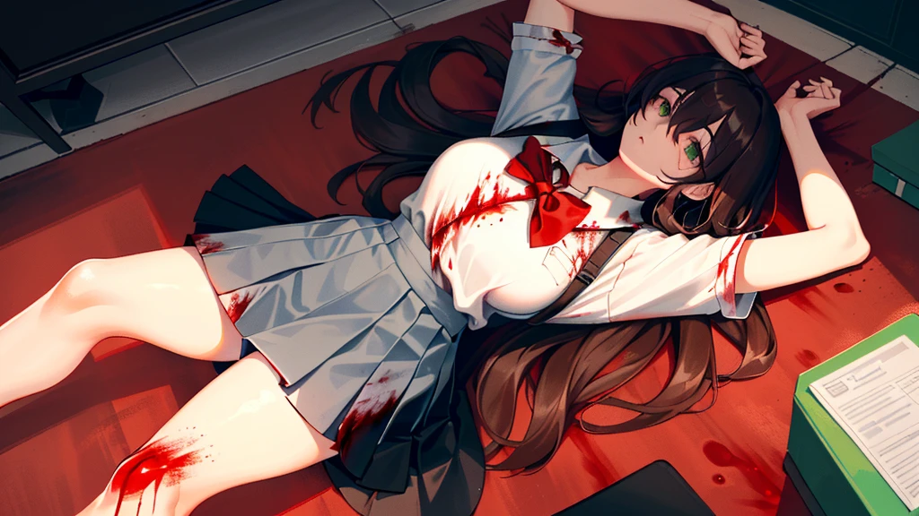 (Lie on the ground:1.2), (being dragged), Lisa, genshin impact, 1 girl, alone, ((White school uniform)), huge breasts, red bow tie, cleavage, uniform, office background, ((Killed)), ((From above)), (cinematic lighting), (Put your arms on the ground), ((Sea of Blood)), ((bloody ground)), dutch angle, ((Bloody Body)), ((blood on their clothes)), ((rape face)), ((Open your eyes wide)), (((horror))), black skirt, pleated skirt, office, hair between eyes, messy hair, large chest, long hair, brown hair, red short nails, green eyes, alone, ((long slender legs)), ((thin waist)), thighs, very long hair, ((masterpiece)), classroom, board, class board, Beautiful woman