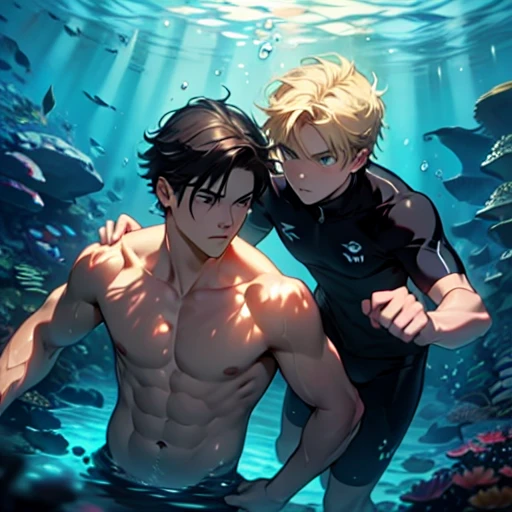 2 boys, Two people are underwater, swim, boys are , blond hair boy and black hair boy, elegant, friends, dark underwater, Serious mood, clear eyes