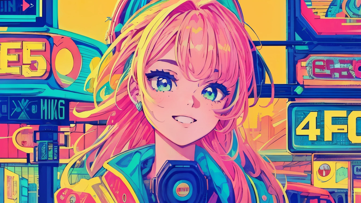 best quality, 4K wallpaper, masterpiece, extremely detailed CG unity 8k wallpaper, extremely detailed eyes, ultra-detailed, intricate details, close up 1 happy girl in center, retro art style, neon_pop art style, public, outdoors, road sign, city, people
