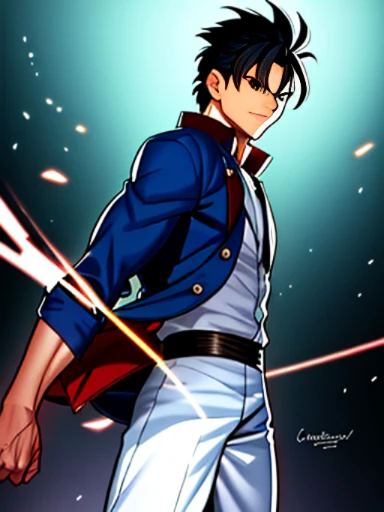 takeuchi takashi, Gohan, highest quality digital art, Stunning art, wallpaper 4k,8k,64k, HD, unparalleled masterpiece, cinematic, epic, (Extremely beautiful face, Beautiful lips, Beautiful eyes), bsfrm, 1boy, black hair, black eyes, (cowboy shot:1.4), jacket, dynamic lighting, line sketch