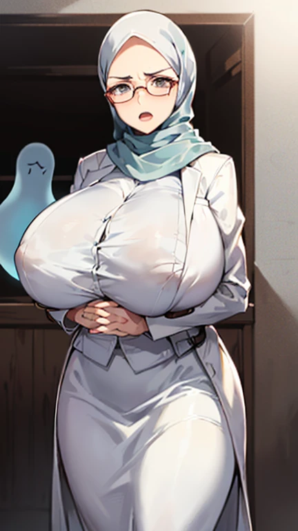 Photo of a mature malay female with saggy breasts (((fold hands))) inside (((abandoned house))), (((surrounded by ghost))), 40yo, busty body, tall body, (tanned skin), dimples, light, detailed face,((serious face, open mouth)), big breast, perfect breast, natural breast, G Cup, (((short white hijab, glasses, white coat, white long skirt)))
