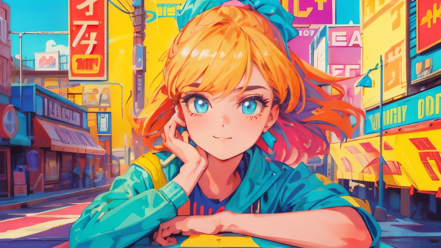 best quality, 4K wallpaper, masterpiece, extremely detailed CG unity 8k wallpaper, extremely detailed eyes, ultra-detailed, intricate details, close up 1 happy girl in center, retro art style, neon_pop art style, public, outdoors, road sign, city, people