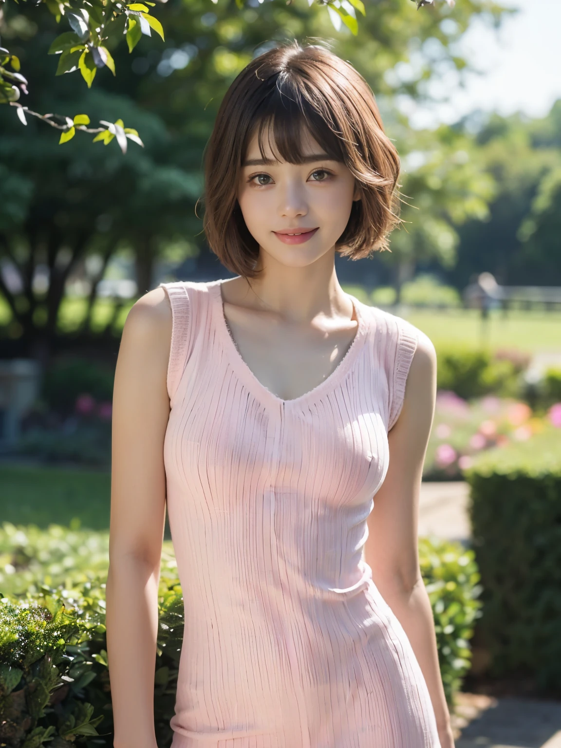 ((((highest quality))))、(((Ultra-precision CG16K wallpaper)))、(((masterpiece)))、(((Super detailed)))、(((super extreme details)))、1people's women、 female、18 year old female、((Japanese face))、((very beautiful face))、((Mana Ashida:1.5))、((Straight Short Bob Hair:1.3))、(shiny hair)、bangs up to eyebrows、beautiful brown hair、beautiful delicate eyes、brown eyes、raised eyebrows、high nose、small nostrils、small mouth、seductive lips、mouth slightly open、beautiful breasts、C cup size breasts、cleavage、plump body、perfect proportions、perfect anatomy、perfect composition、beautiful detailed shading、beautiful natural lighting、beautiful detail glow、Depth of bounds written、(((High chroma)))、(((real:1.9)))、((vivid:1.4))、((beautiful skin))、((skin texture))、((realな皮膚感))、(((cowboy shot:1.5)))、((Angle seen from the front:1.5))、((smile:1.4))、(Eyes looking at me:1.3)、bright sunshine、(((garden:1.3)))、(standing pose:1.5)、(((Pink ribbed knit sleeveless one-piece dress:1.5)))、