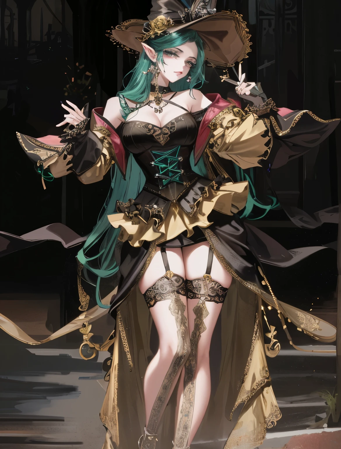 one wearing a skirt、wearing a hat、Close-up of woman holding fan, fantasy costumes, Elegant Gothic princess, Dark fantasy female magician, Gothic billionaire, rococo cyberpunk, rococo queen, Charming hypnotic woman, ((beautiful fantasy queen)), inspired by Ray Caesar, ornate dark green clothing, Beautiful Necromancer, Gothic girl, Funny elves